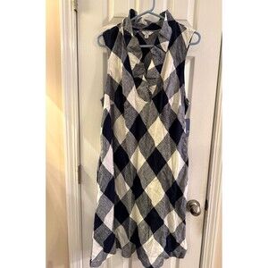 NWT Crown & Ivy Navy White Dress Linen Sz 2X  Ruffle Neck Gingham Country Party